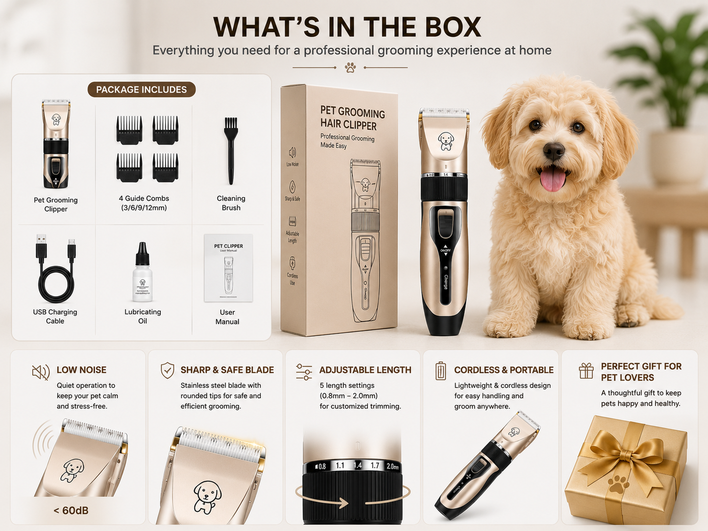Careypet Low Noise Pet Hair Clipper  Easy Grooming For Dogs & Cats